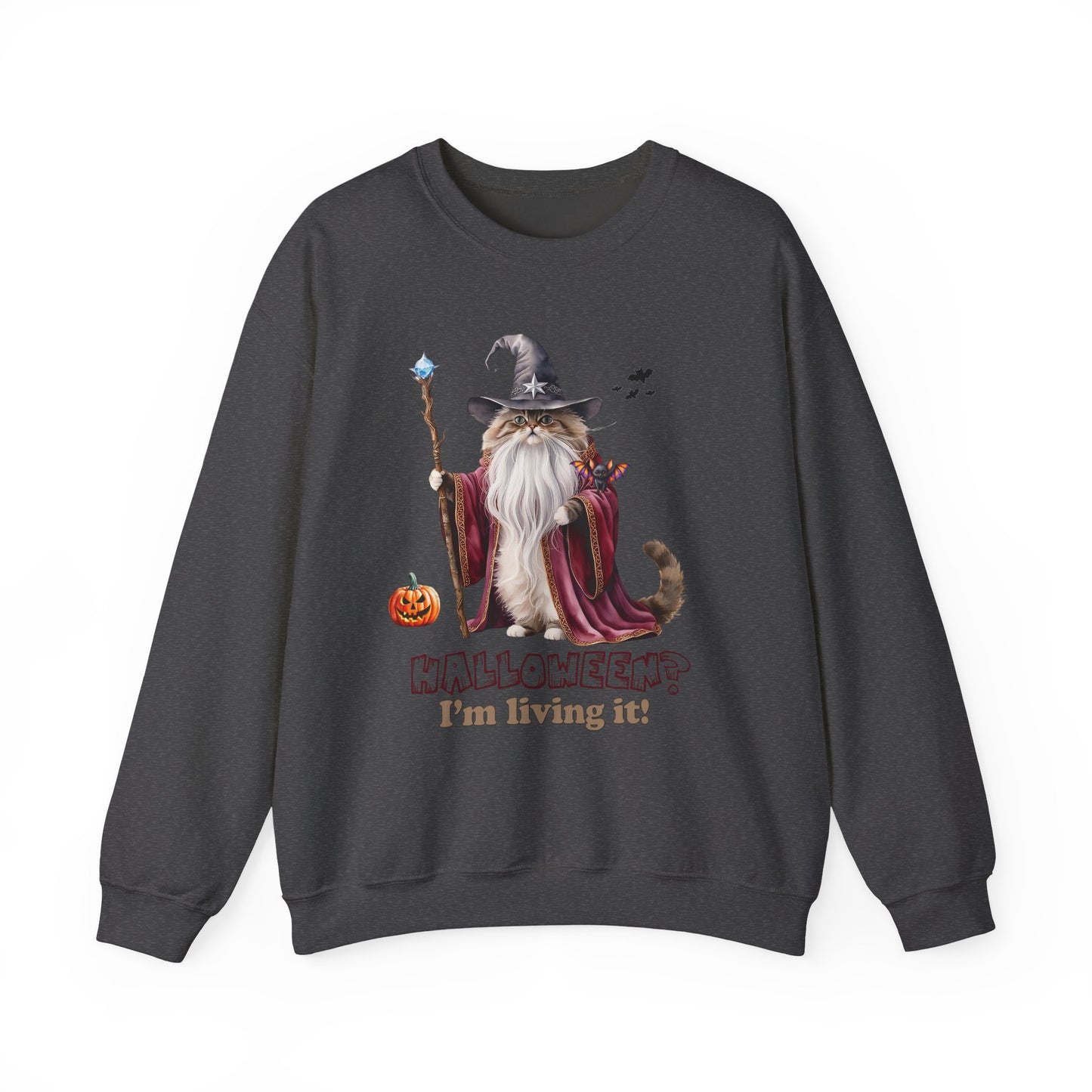 🧙 Living the Spell: Wizardry, Whimsy & Halloween Cheer 🎃 - Halloween Wizard Sweatshirt, Unisex Crewneck for Fall, Cozy Gift for Cat Lovers, Spooky Season Apparel, Fun Costume Alternative