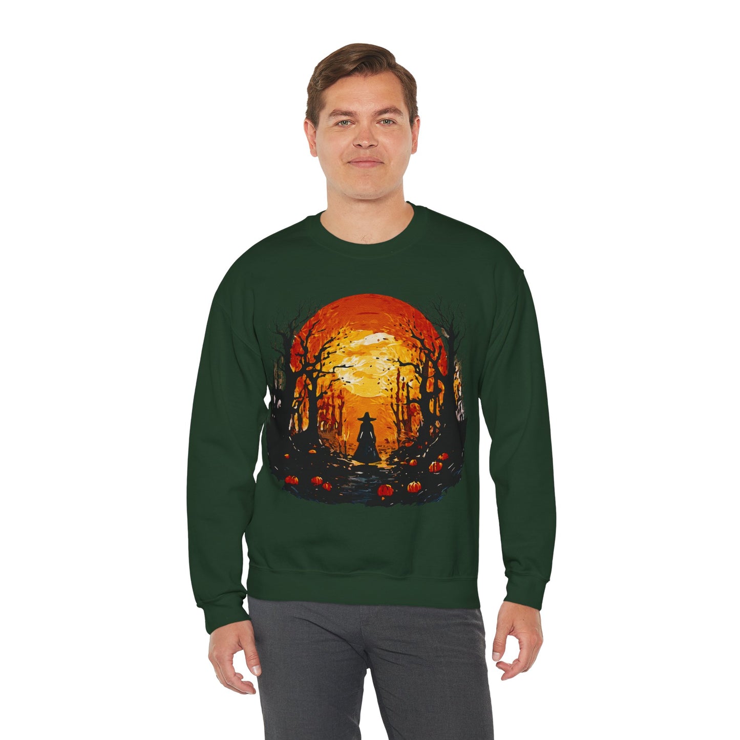 Moonlit Mischief: Autumn’s Enchanted Glow for Sweatshirts, mugs and more - Autumn Sunset Witch Sweatshirt - Cozy Unisex Crewneck for Fall, Halloween, Pumpkin Spice Lovers, Seasonal Fashion, Gift Idea