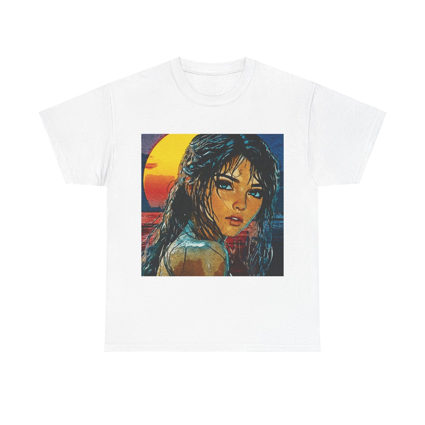 "Golden Hour Goddess: Vibrant Pop Art Vision" - Sunset Dreamer Unisex Heavy Cotton Tee - Vintage Art T-Shirt, Graphic Tee, Casual Wear, Unique Gift Idea, Summer Fashion