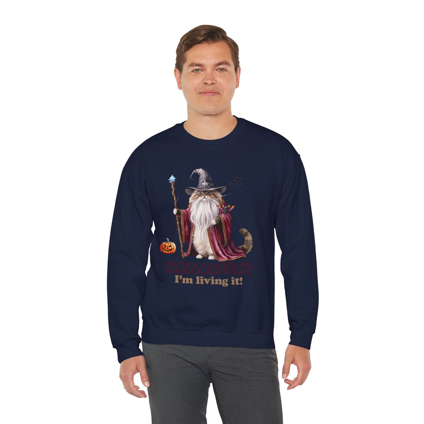 🧙 Living the Spell: Wizardry, Whimsy & Halloween Cheer 🎃 - Halloween Wizard Sweatshirt, Unisex Crewneck for Fall, Cozy Gift for Cat Lovers, Spooky Season Apparel, Fun Costume Alternative