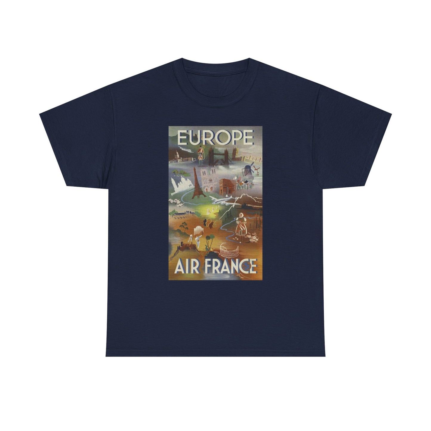 Vintage Air France 1948: Retro Travel Poster Celebrating Europe’s Beauty, Adventure, and Timeless Wanderlust - Unisex Heavy Cotton Tee