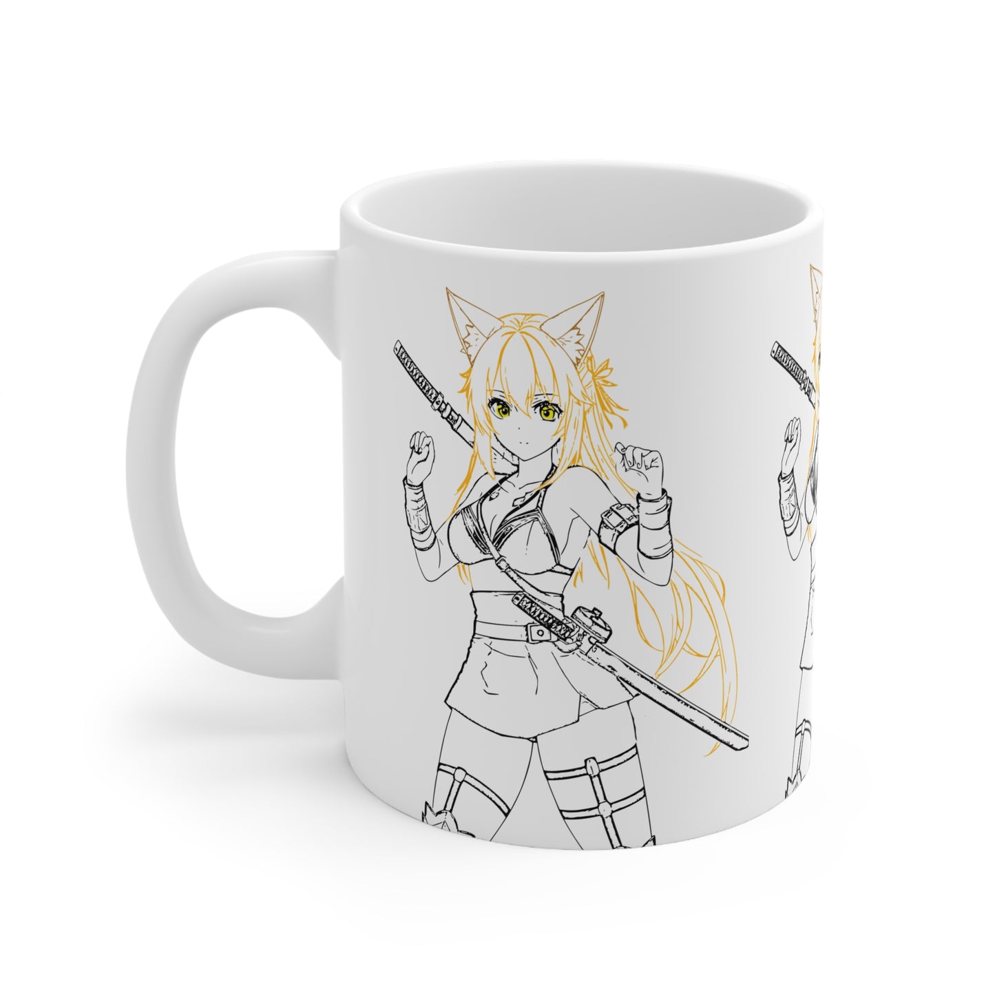 Cat-Eared Blade – Anime Warrior Power on Anime-Themed Ceramic Coffee Mug, Cute Anime Style Cup, Perfect Gift for Otaku, 11oz and 15oz Sizes, Fun Cafe Decor, Coffee Lover Gift