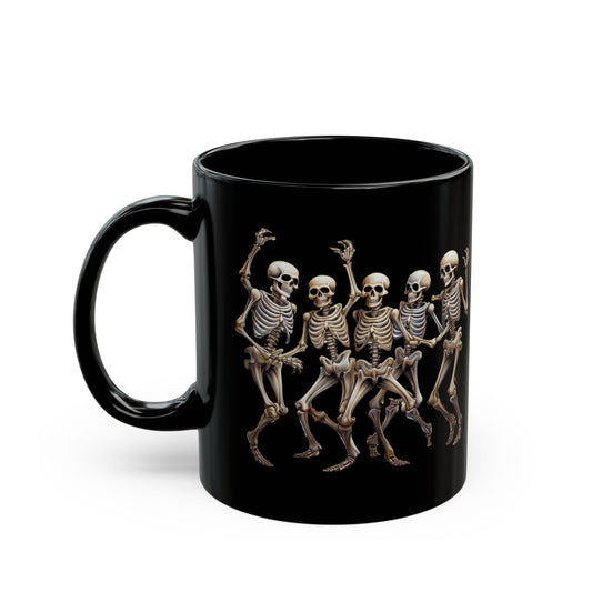 "Celebrate Life with Dancing Skeletons – Bold Apparel & Mugs that Spark Joy" - Skeleton Dance Black Mug - Halloween Coffee Cup, Spooky Gift, Funny Skeleton Mug, Partyware, Unique Halloween Decor