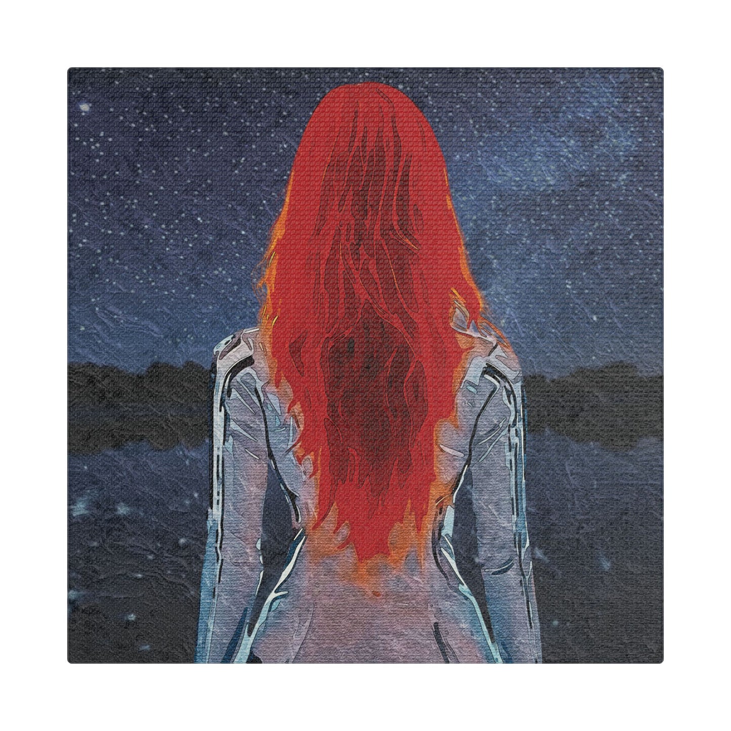 'Red' Scarlet Veil Over Starry Depths: Embrace the Cosmic Red Journey Within - Canvas Art Print: Starry Night with Red-Haired Woman, Wall Decor for Dreamers, Stretched Art, Unique Home Gift, Modern Living Room Decor