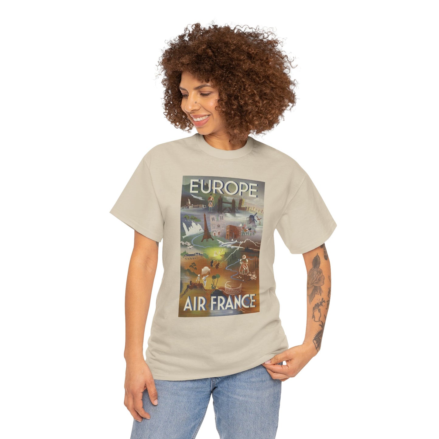 Vintage Air France 1948: Retro Travel Poster Celebrating Europe’s Beauty, Adventure, and Timeless Wanderlust - Unisex Heavy Cotton Tee