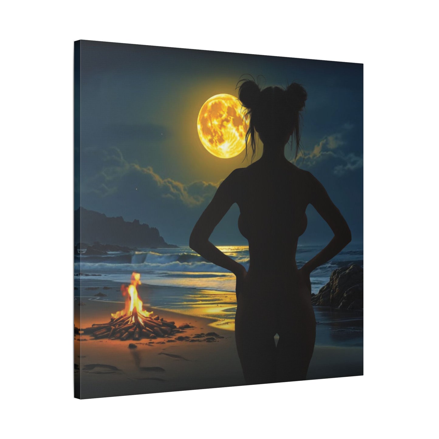 Roxie’s Midnight Swim – Moonlit Beach - Satin Canvas Print, Wall Art for Home Decor, Nighttime Serenity, Coastal Vibes, Gift for Nature Lovers, Personalized Artwork