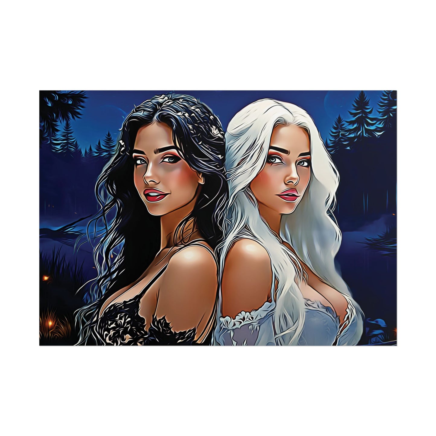 Moonlit Sisters of Opposites – Enchanted Night Art of Balance, Beauty, and Timeless Harmony - Mystical Duo Rolled Posters | Ethereal Art for Witchy Decor, Fantasy Wall Art, Gift for Her, Boho Home, Unique Prints
