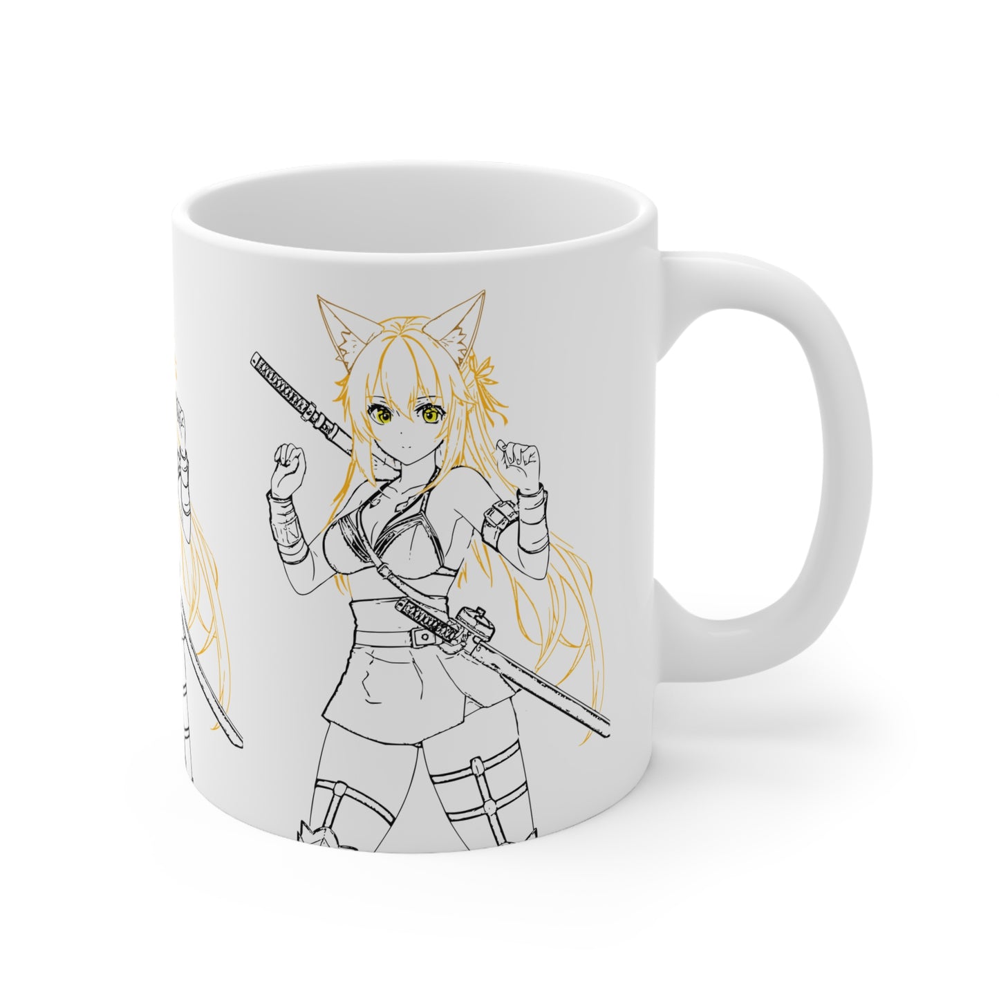 Cat-Eared Blade – Anime Warrior Power on Anime-Themed Ceramic Coffee Mug, Cute Anime Style Cup, Perfect Gift for Otaku, 11oz and 15oz Sizes, Fun Cafe Decor, Coffee Lover Gift