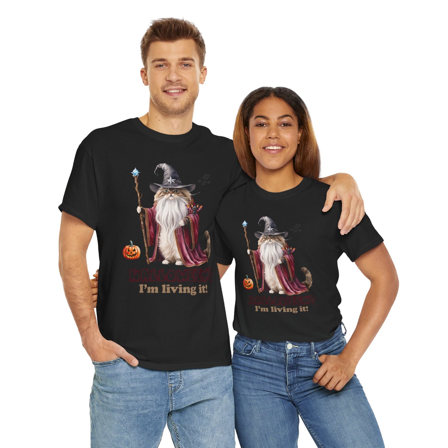 🧙 Living the Spell: Wizardry, Whimsy & Halloween CheerHalloween Wizard Cat Tee - 🎃 Spooky Unisex Cotton Shirt, Witchy T-Shirt, Fall Fashion, Gift for Cat Lovers, Halloween Costume, Relaxed Fit