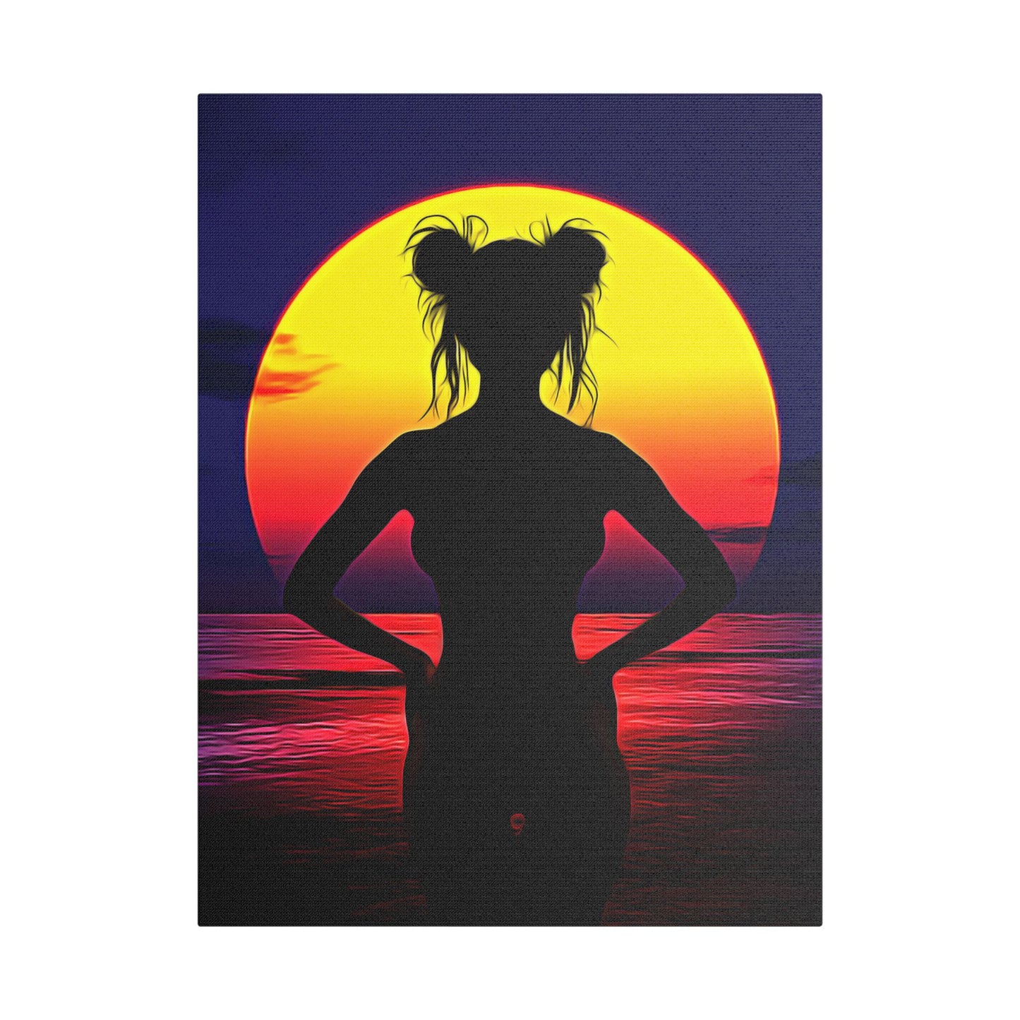 Solar Silhouette: Embrace Inner Strength in the Golden Sunset Glow - Sunset Silhouette Stretched Canvas Art | Boho Home Decor, Beach Wall Art, Unique Gift, Summer Vibes, Relaxing Artwork