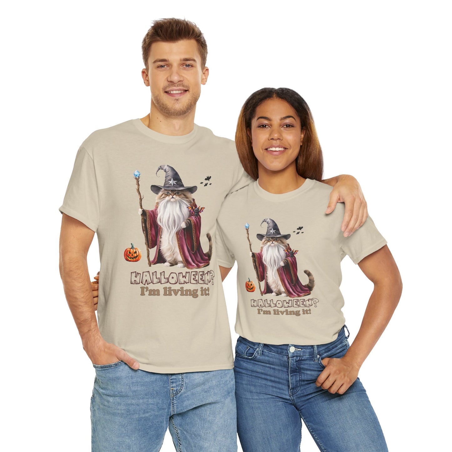 🧙 Living the Spell: Wizardry, Whimsy & Halloween CheerHalloween Wizard Cat Tee - 🎃 Spooky Unisex Cotton Shirt, Witchy T-Shirt, Fall Fashion, Gift for Cat Lovers, Halloween Costume, Relaxed Fit