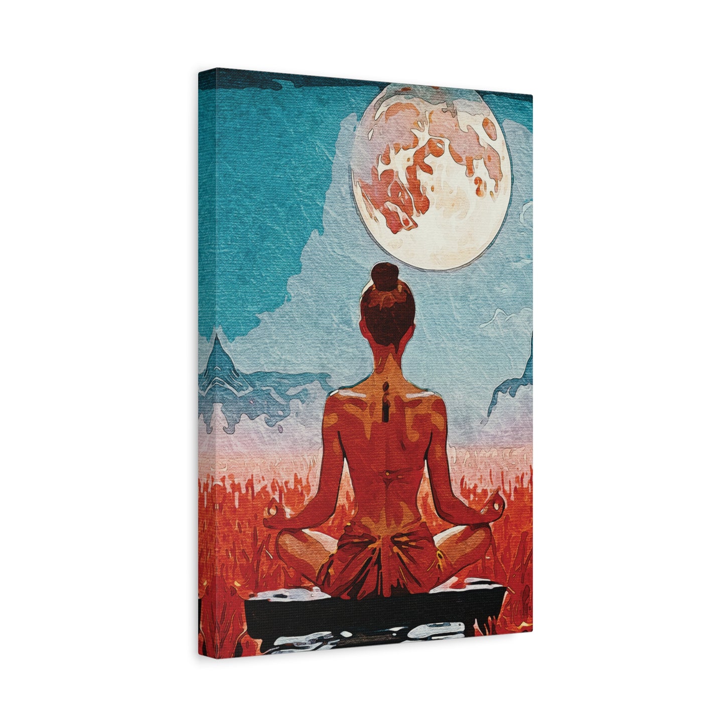 ✨Title: Serenity Under the Full Moon - Meditative Canvas Art Print, Wall Decor, Spiritual Home Decor, Yoga Room Art, Gift for Mindfulness Enthusiasts, Meditation Wall Art