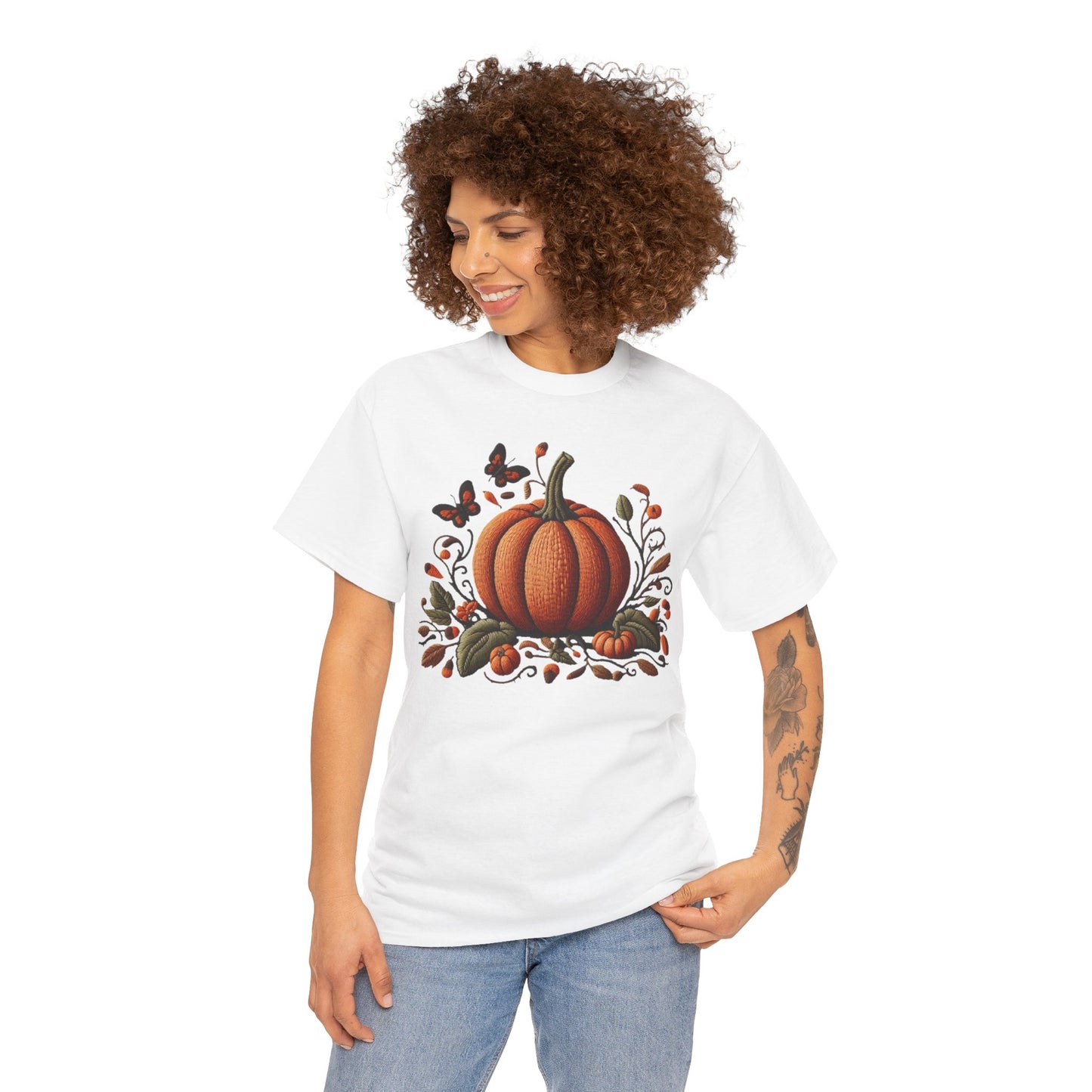 Pumpkin & Botanical Bliss – Autumn’s Cozy Charm 🎃🍂 - Autumn Pumpkin Tee, Fall T-Shirt, Halloween Shirt, Thanksgiving Gift, Unisex Heavy Cotton Tee