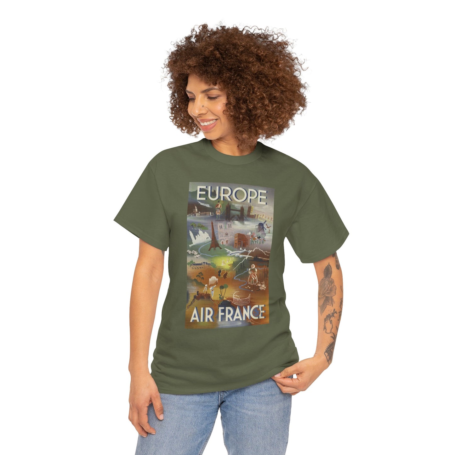 Vintage Air France 1948: Retro Travel Poster Celebrating Europe’s Beauty, Adventure, and Timeless Wanderlust - Unisex Heavy Cotton Tee