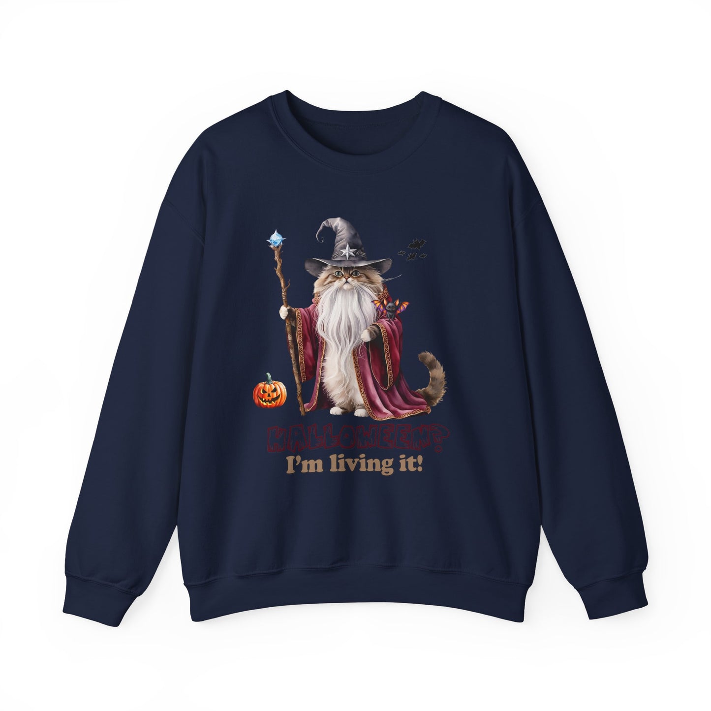 🧙 Living the Spell: Wizardry, Whimsy & Halloween Cheer 🎃 - Halloween Wizard Sweatshirt, Unisex Crewneck for Fall, Cozy Gift for Cat Lovers, Spooky Season Apparel, Fun Costume Alternative