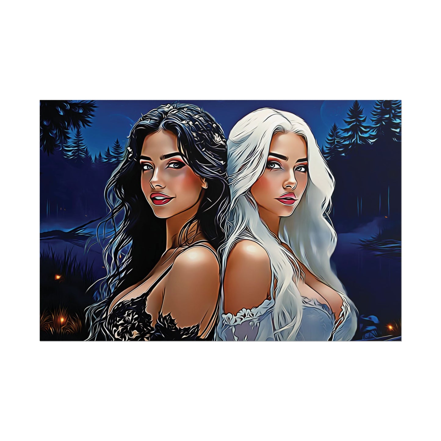 Moonlit Sisters of Opposites – Enchanted Night Art of Balance, Beauty, and Timeless Harmony - Mystical Duo Rolled Posters | Ethereal Art for Witchy Decor, Fantasy Wall Art, Gift for Her, Boho Home, Unique Prints