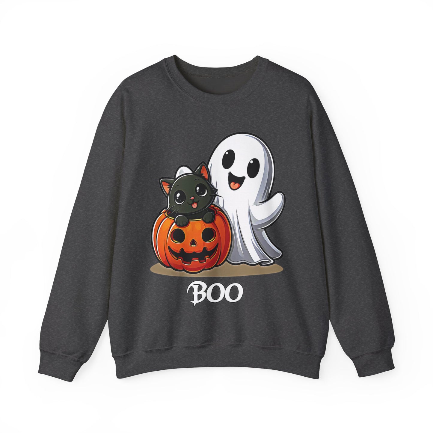 Spooky Smiles & Cozy Vibes – Halloween Boo Pumpkin Ghost Cat Edition - Cute Halloween Crewneck Sweatshirt with Ghost and Cat Design, Cozy Fall Apparel, Perfect for Spooky Season, Unisex Halloween Sweater, [...]