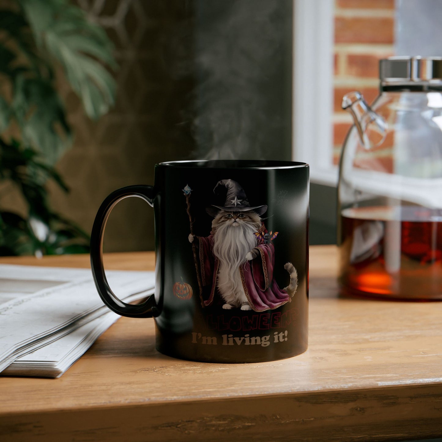 🧙 Title: Living the Spell: Wizardry, Whimsy & Halloween Cheer 🎃 - Halloween Cat Mug - I'm Living It, Witch Mug, Black Coffee Cup, Gift for Cat Lovers, Halloween Decor, Spooky Kitchenware