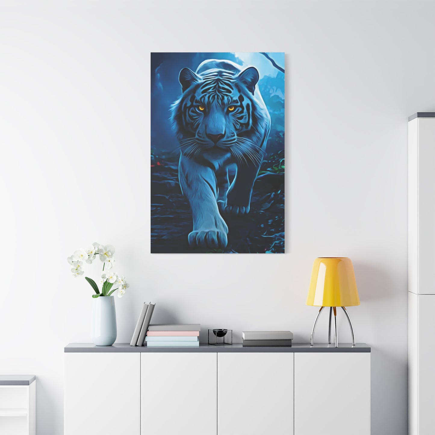 🐅 Blue Ember: Strength in Stillness, Power in Motion - Majestic White Tiger Wall Art, Canvas Print, Home Decor, Animal Lover Gift, Wildlife Artwork, Unique Gift Idea, Eco-Friendly Decor