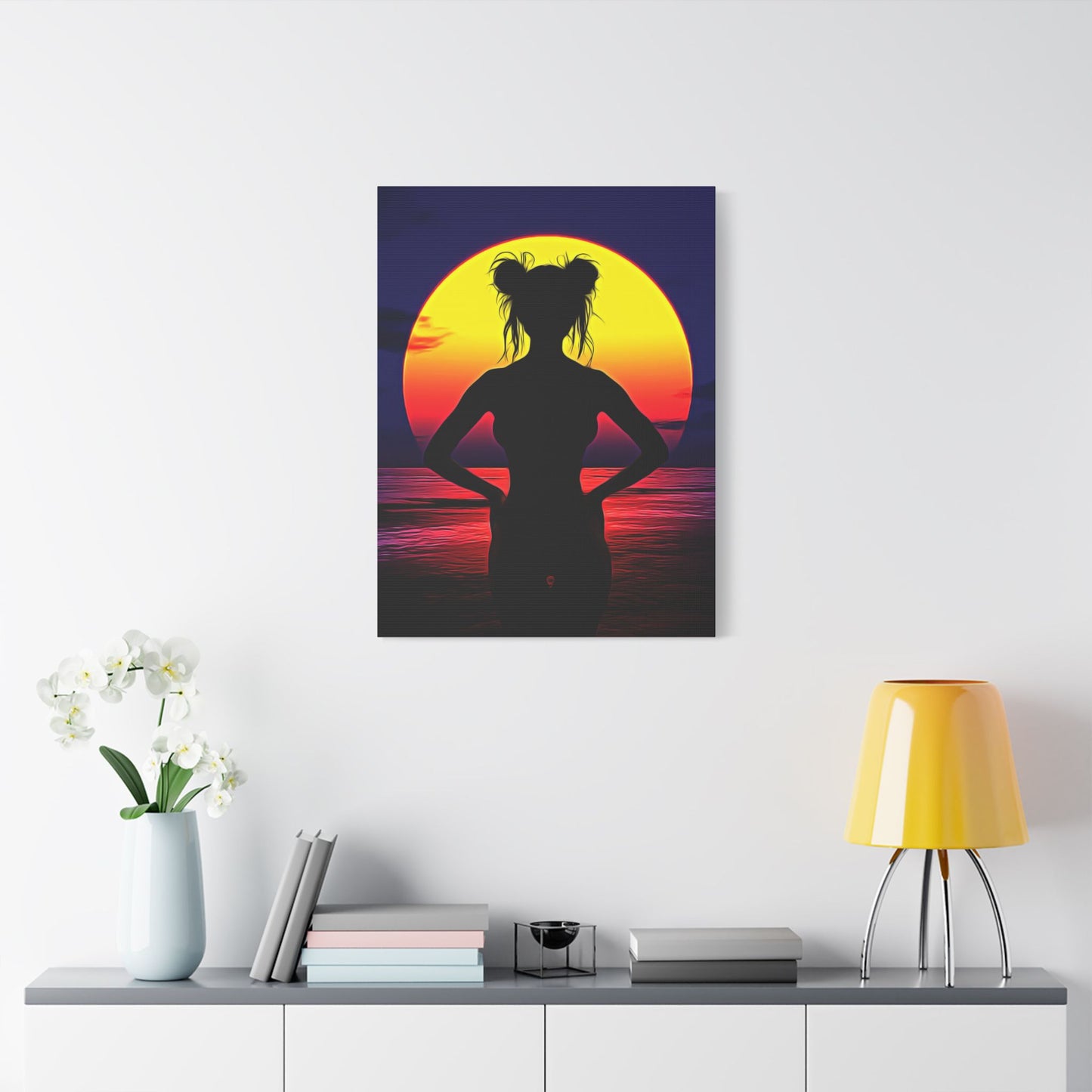 Solar Silhouette: Embrace Inner Strength in the Golden Sunset Glow - Sunset Silhouette Stretched Canvas Art | Boho Home Decor, Beach Wall Art, Unique Gift, Summer Vibes, Relaxing Artwork