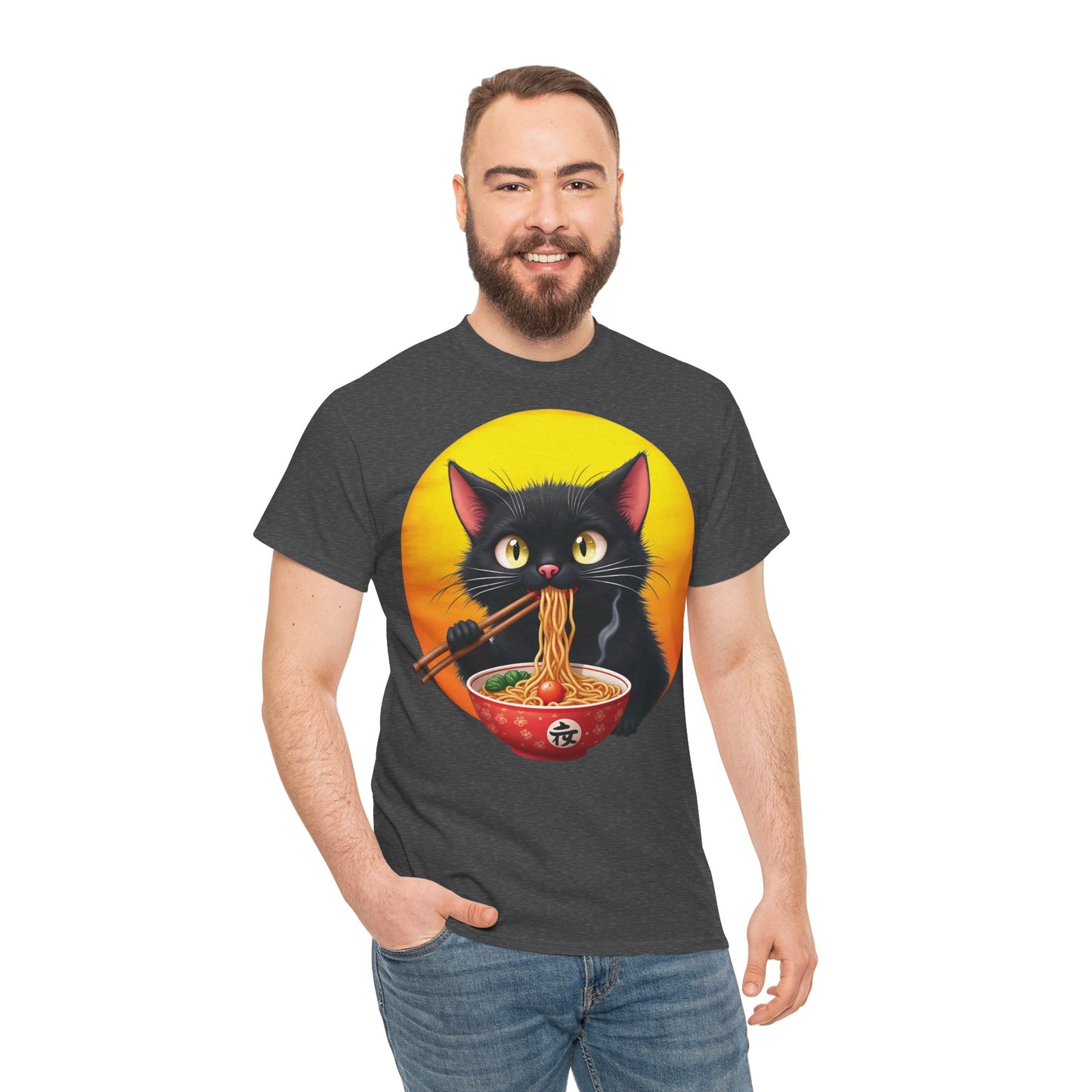 Ramen Cat Magic – Whiskers, Noodles & Sunshine Vibes - Ramen Cat - Cute Cat with Bowl of Noodles Unisex Heavy Cotton Tee