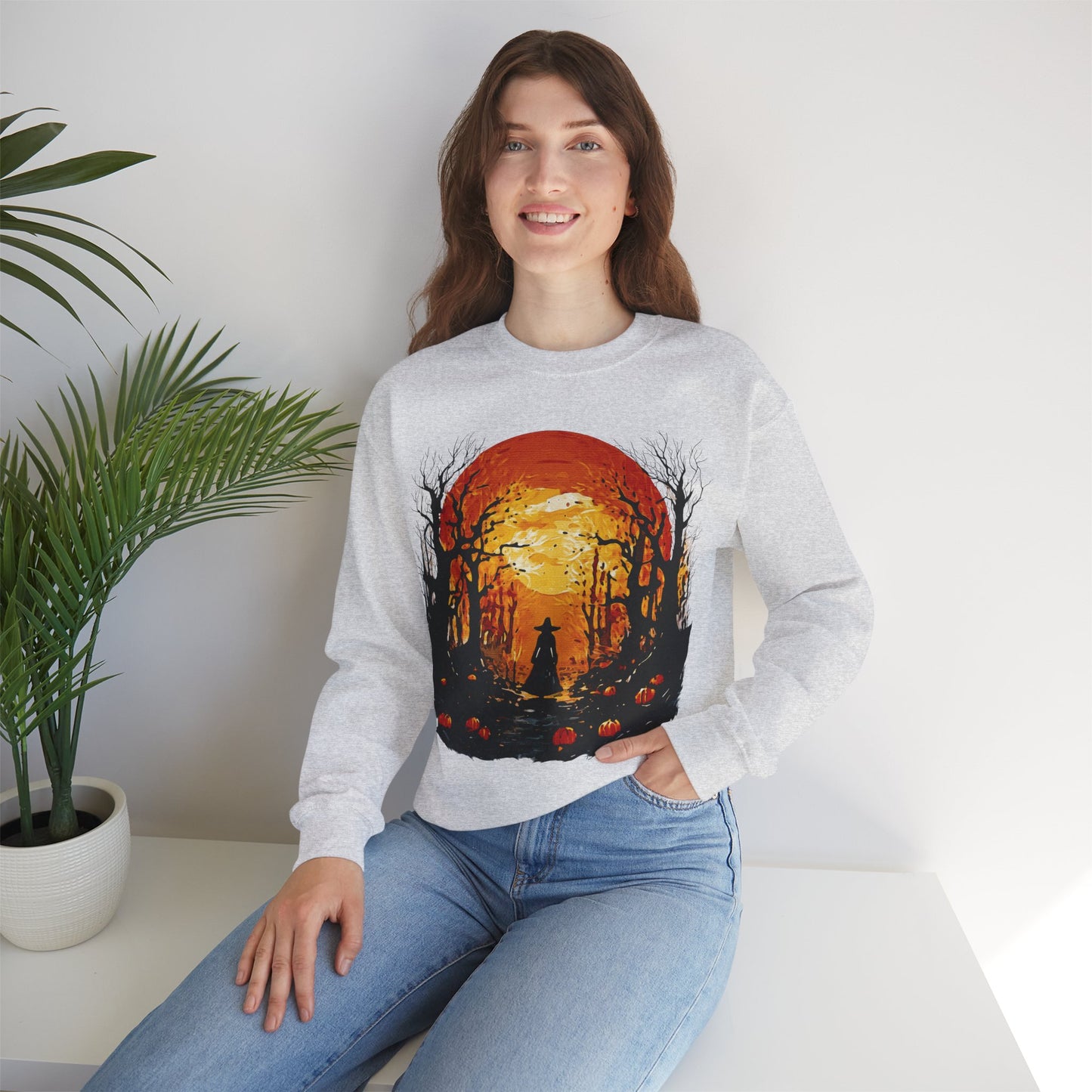 Moonlit Mischief: Autumn’s Enchanted Glow for Sweatshirts, mugs and more - Autumn Sunset Witch Sweatshirt - Cozy Unisex Crewneck for Fall, Halloween, Pumpkin Spice Lovers, Seasonal Fashion, Gift Idea
