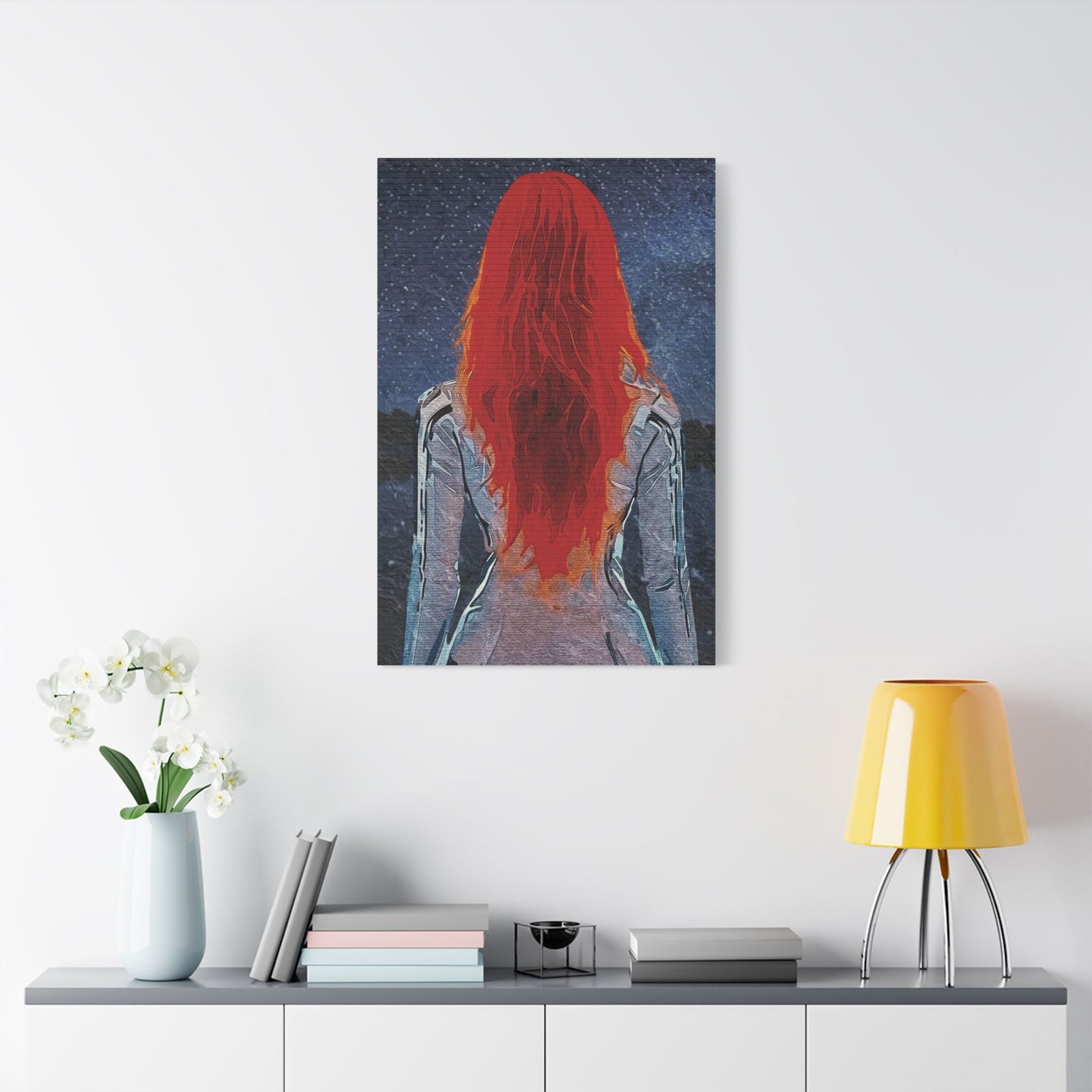 'Red' Scarlet Veil Over Starry Depths: Embrace the Cosmic Red Journey Within - Canvas Art Print: Starry Night with Red-Haired Woman, Wall Decor for Dreamers, Stretched Art, Unique Home Gift, Modern Living Room Decor