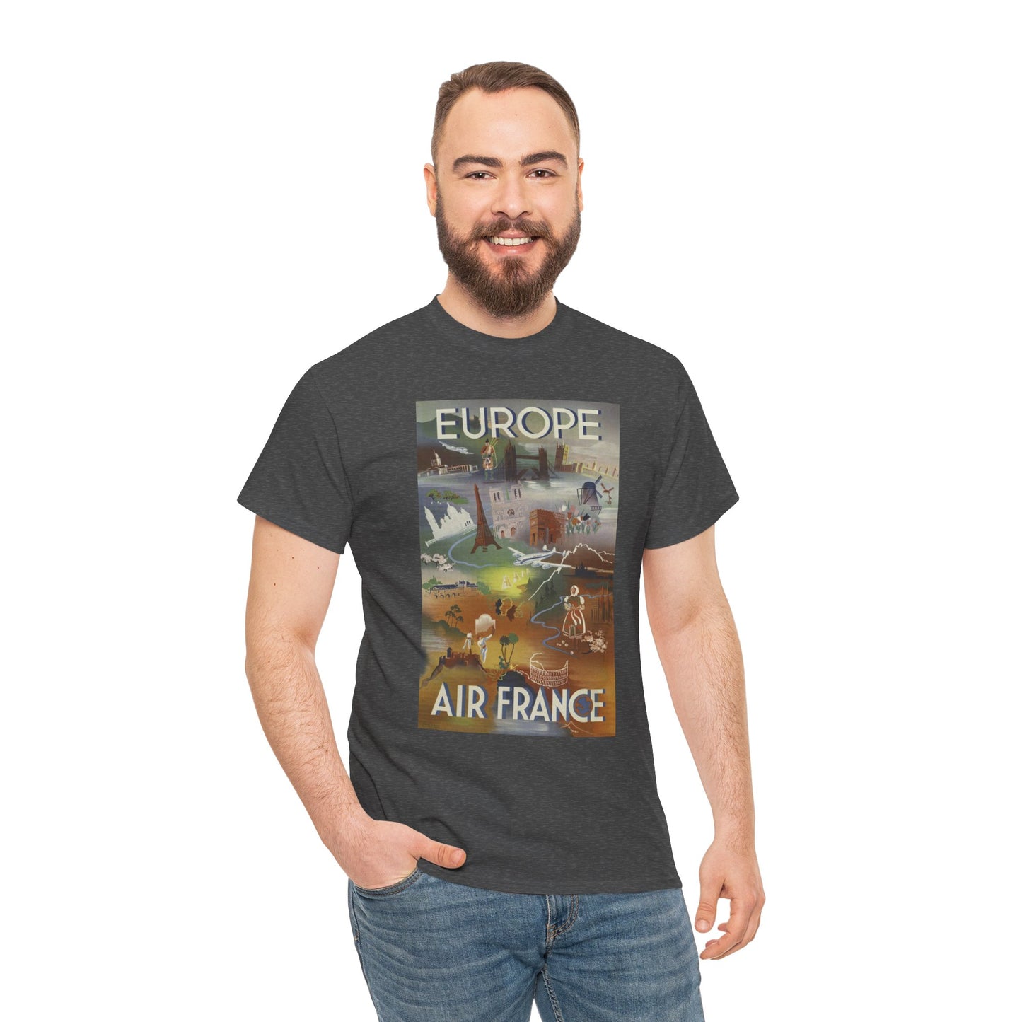 Vintage Air France 1948: Retro Travel Poster Celebrating Europe’s Beauty, Adventure, and Timeless Wanderlust - Unisex Heavy Cotton Tee
