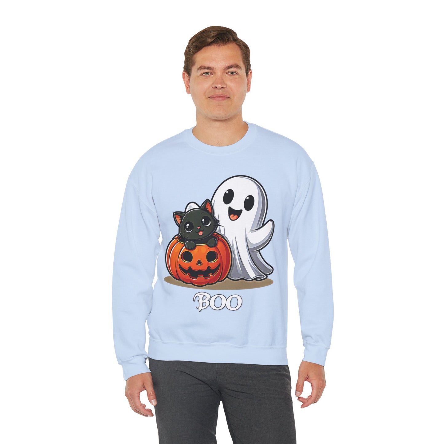 Spooky Smiles & Cozy Vibes – Halloween Boo Pumpkin Ghost Cat Edition - Cute Halloween Crewneck Sweatshirt with Ghost and Cat Design, Cozy Fall Apparel, Perfect for Spooky Season, Unisex Halloween Sweater, [...]