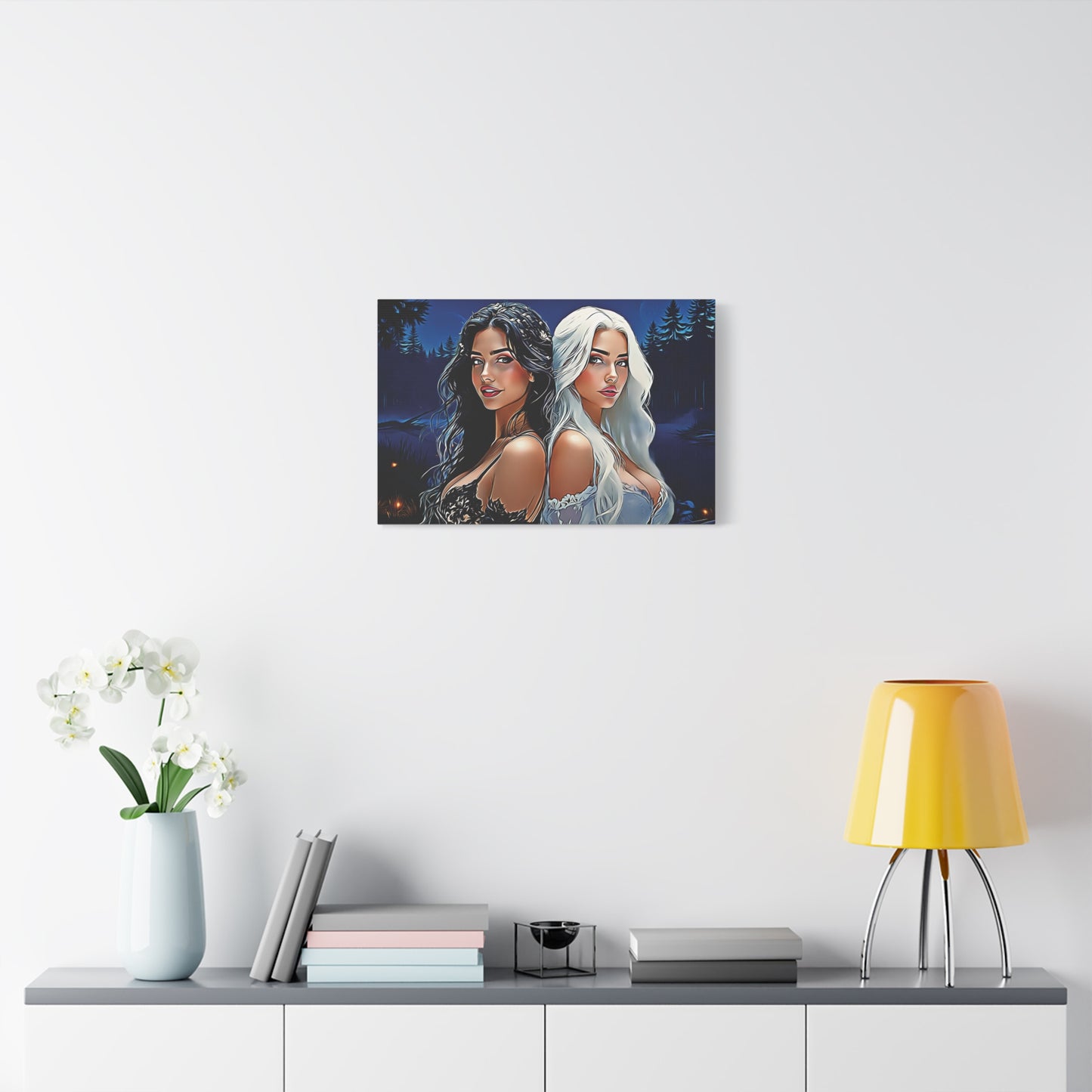 Moonlit Sisters of Opposites – Enchanted Night Art of Balance, Beauty, and Timeless Harmony - Canvas Art Print, Vibrant Wall Decor, Modern Home Art, Ideal Gift for Friends, Elegant Bedroom Accents, Birthday Present