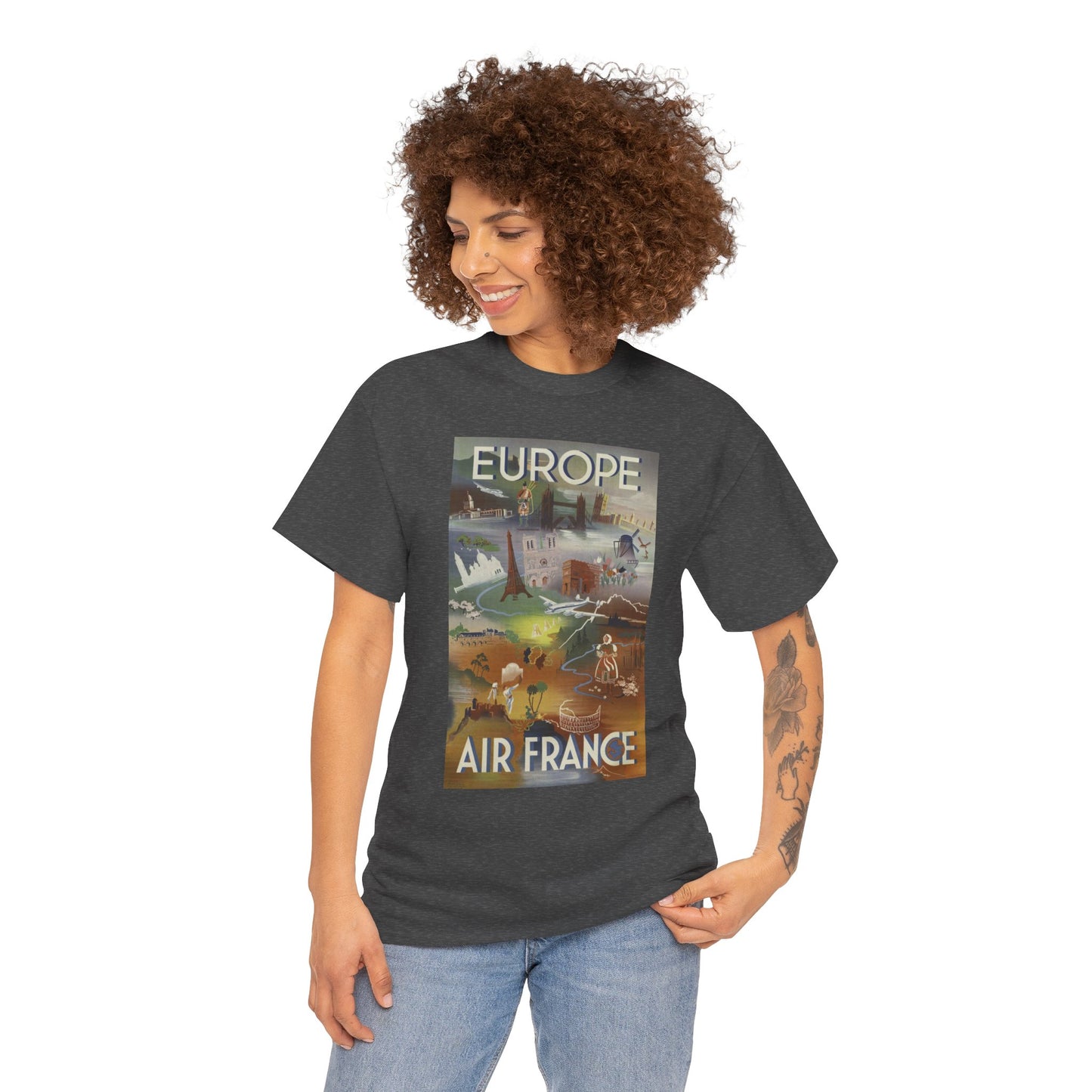 Vintage Air France 1948: Retro Travel Poster Celebrating Europe’s Beauty, Adventure, and Timeless Wanderlust - Unisex Heavy Cotton Tee