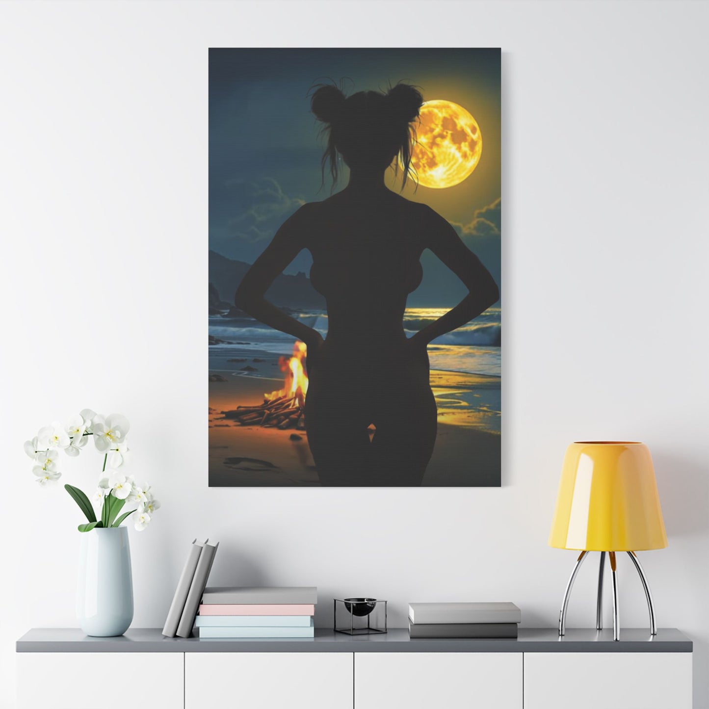 Roxie’s Midnight Swim – Moonlit Beach - Satin Canvas Print, Wall Art for Home Decor, Nighttime Serenity, Coastal Vibes, Gift for Nature Lovers, Personalized Artwork