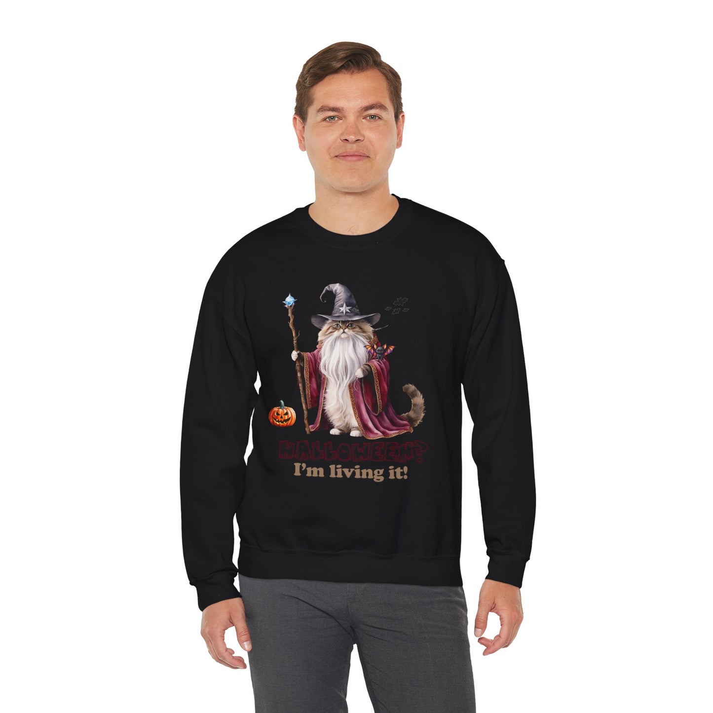 🧙 Living the Spell: Wizardry, Whimsy & Halloween Cheer 🎃 - Halloween Wizard Sweatshirt, Unisex Crewneck for Fall, Cozy Gift for Cat Lovers, Spooky Season Apparel, Fun Costume Alternative