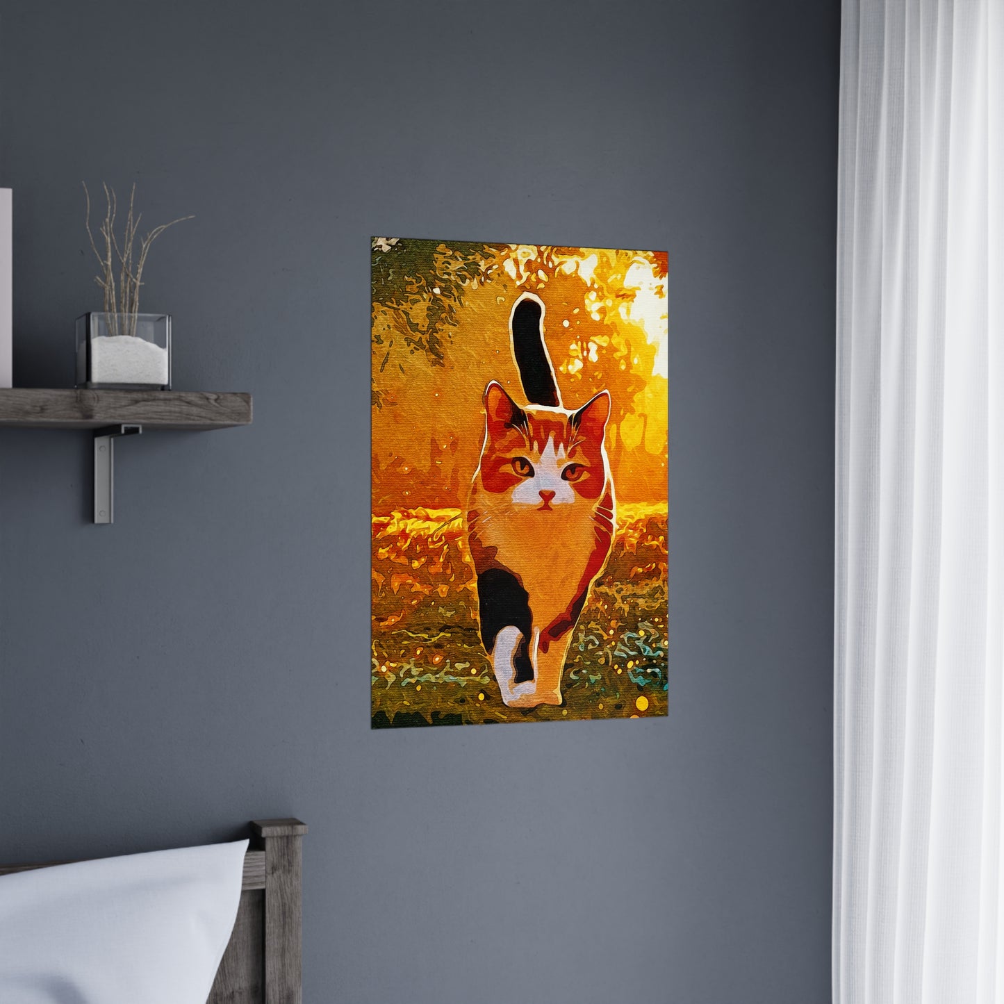"Stride of Serenity: A Cat’s Golden Journey" - Vibrant Cat Matte Poster, Wall Art Decor, Feline Art Print, Cat Lover Gift, Home Decor, Nature Photography