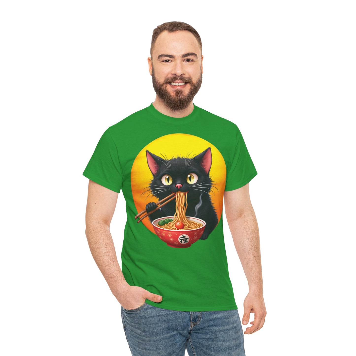 Ramen Cat Magic – Whiskers, Noodles & Sunshine Vibes - Ramen Cat - Cute Cat with Bowl of Noodles Unisex Heavy Cotton Tee