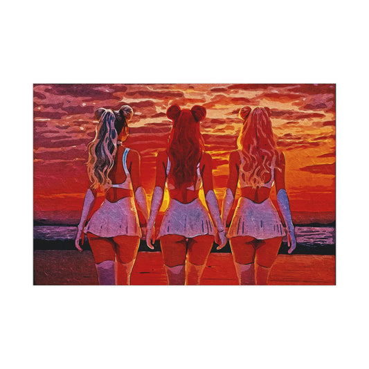 Horizon Sisters – United in Light and Love 🌅👭👭 – Unity & Peace in Vibrant Coastal Light Poster, Red Aesthetic Art Print, Wall Decor for Anime Lovers, Home Decor, Gift for Fans