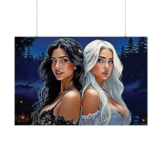 Moonlit Sisters of Opposites – Enchanted Night Art of Balance, Beauty, and Timeless Harmony - Mystical Duo Rolled Posters | Ethereal Art for Witchy Decor, Fantasy Wall Art, Gift for Her, Boho Home, Unique Prints