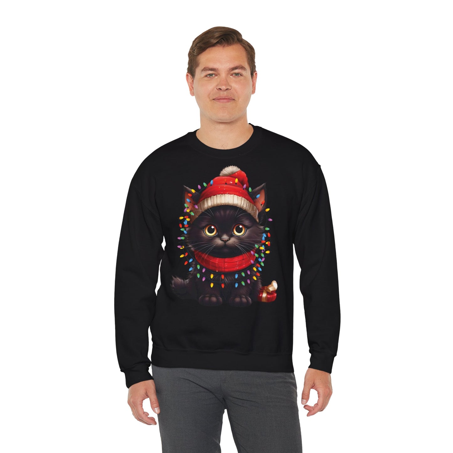 Holiday Heart: Kitten Wrapped in Christmas Lights - Festive Cat Crewneck Sweatshirt - Cozy Holiday Apparel, Warm Gift, Cute Winter Style, Pet Lover Sweatshirt, Christmas Sweater Alternative