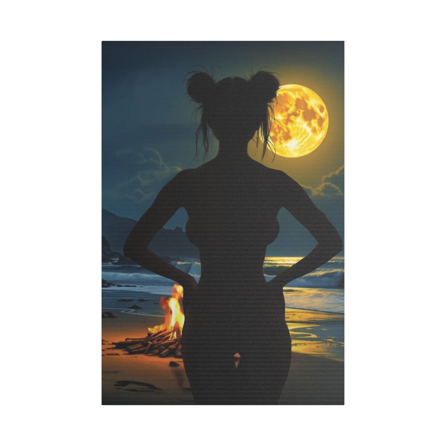 Roxie’s Midnight Swim – Moonlit Beach - Satin Canvas Print, Wall Art for Home Decor, Nighttime Serenity, Coastal Vibes, Gift for Nature Lovers, Personalized Artwork