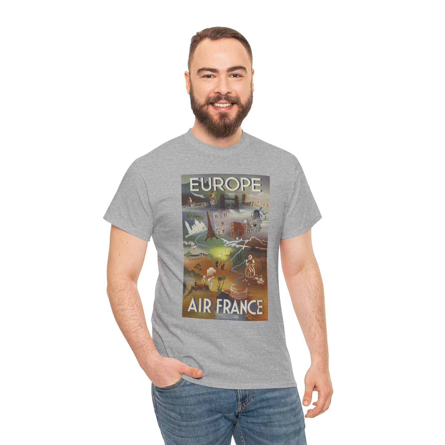 Vintage Air France 1948: Retro Travel Poster Celebrating Europe’s Beauty, Adventure, and Timeless Wanderlust - Unisex Heavy Cotton Tee