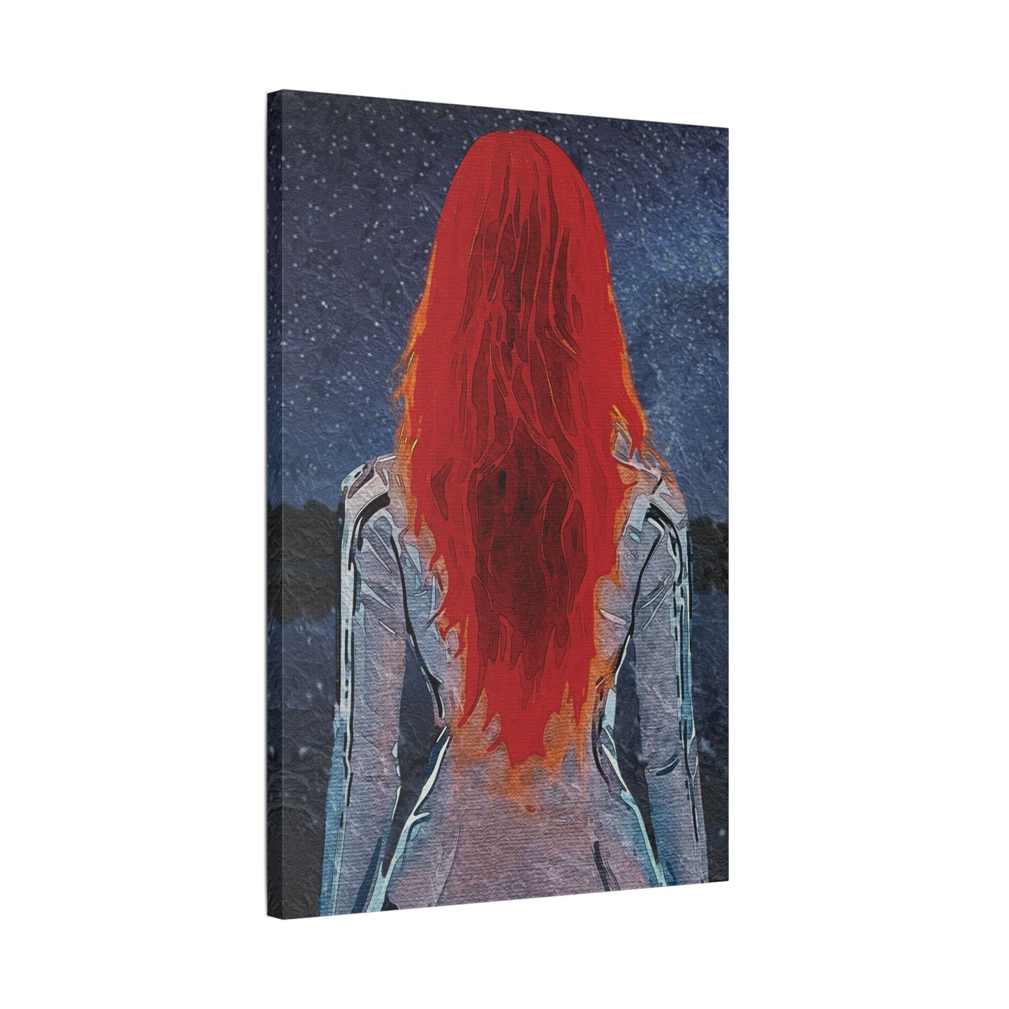 'Red' Scarlet Veil Over Starry Depths: Embrace the Cosmic Red Journey Within - Canvas Art Print: Starry Night with Red-Haired Woman, Wall Decor for Dreamers, Stretched Art, Unique Home Gift, Modern Living Room Decor