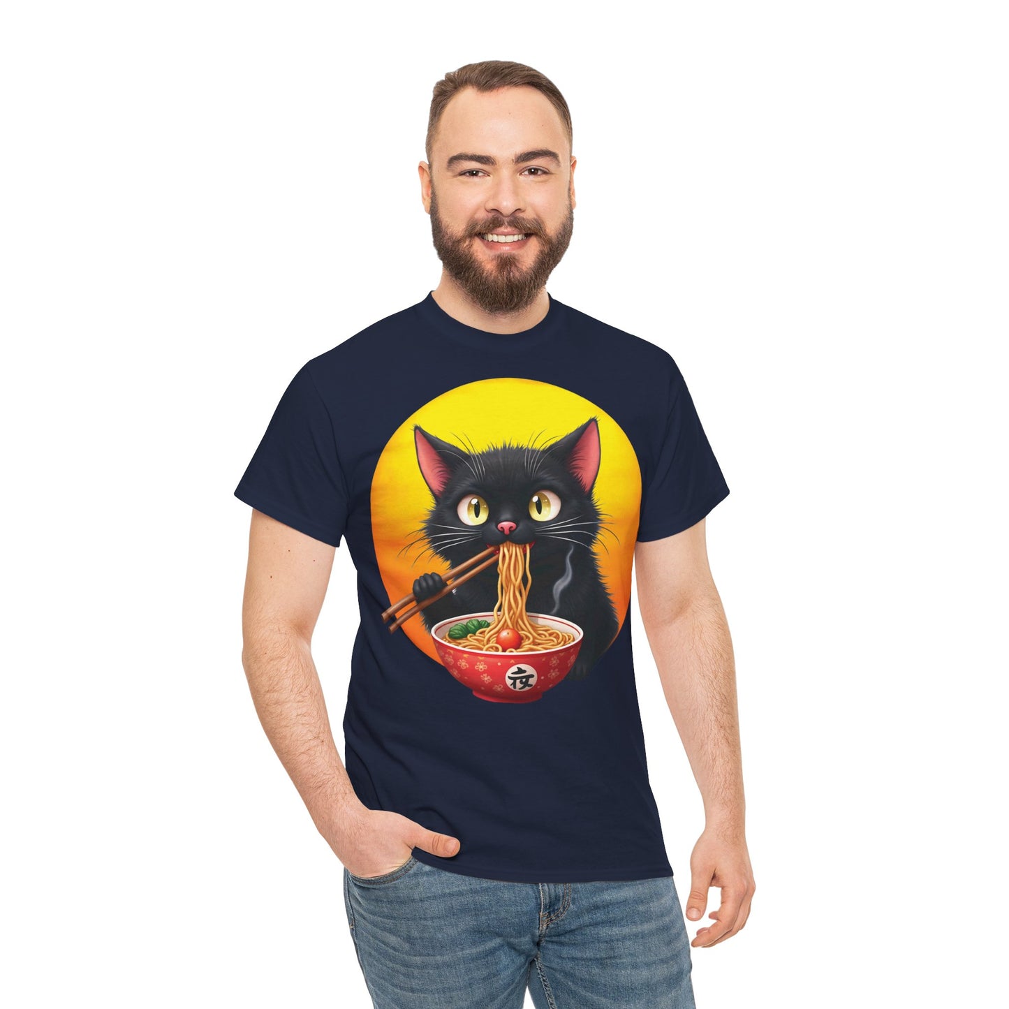 Ramen Cat Magic – Whiskers, Noodles & Sunshine Vibes - Ramen Cat - Cute Cat with Bowl of Noodles Unisex Heavy Cotton Tee