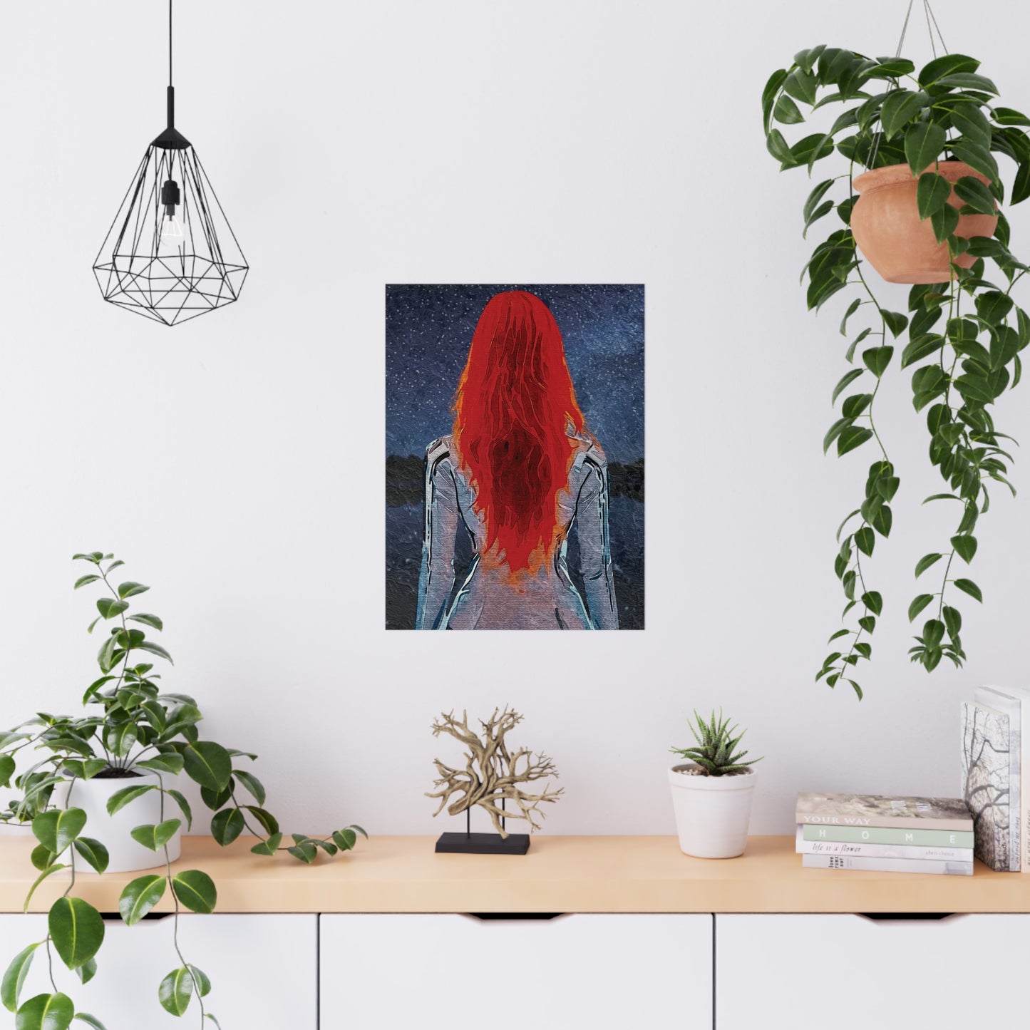 'Red' Scarlet Veil Over Starry Depths: Embrace the Cosmic Red Journey Within - Vibrant Matte Poster of a Red-Haired Figure, Wall Art, Home Decor, Aesthetic Print, Gift for Art Lovers, Inspirational Decor