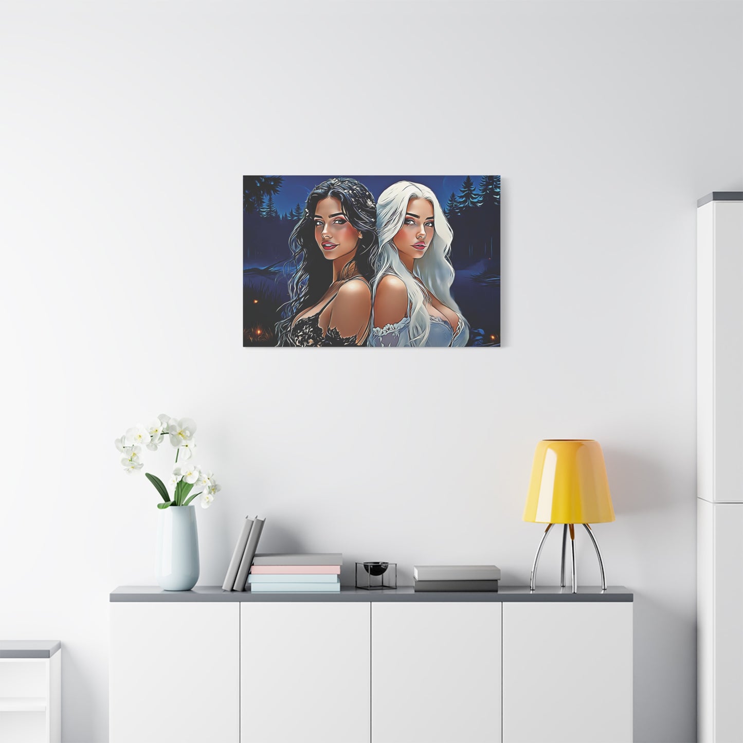Moonlit Sisters of Opposites – Enchanted Night Art of Balance, Beauty, and Timeless Harmony - Canvas Art Print, Vibrant Wall Decor, Modern Home Art, Ideal Gift for Friends, Elegant Bedroom Accents, Birthday Present