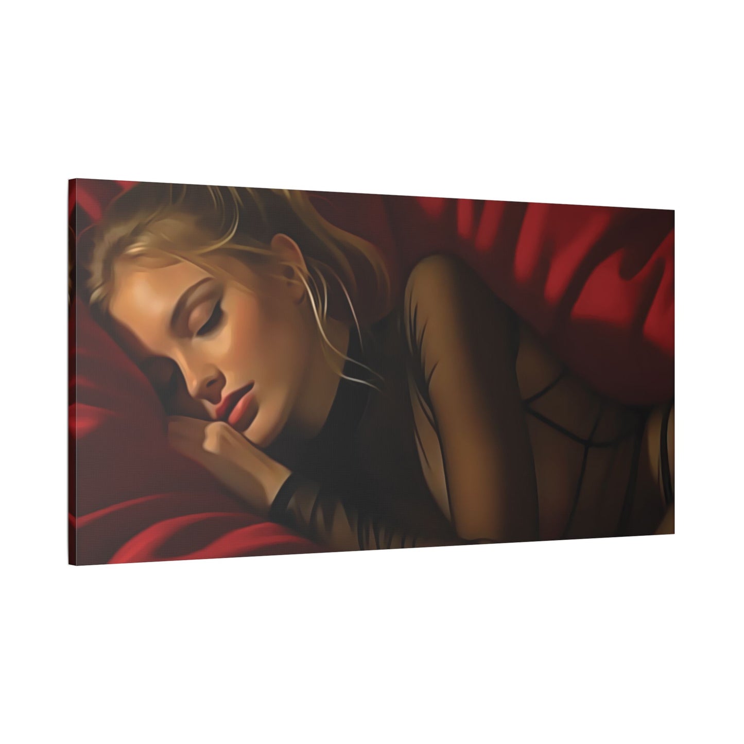 "Velvet Dreams: A Serene Portrait of Feminine Grace, Rest, and the Quiet Power of Stillness" - Elegant Satin Canvas Art Print, Bedroom Décor, Wall Art, Modern Home Decoration, Perfect Gift for Art Lovers, Relaxing Atmosphere