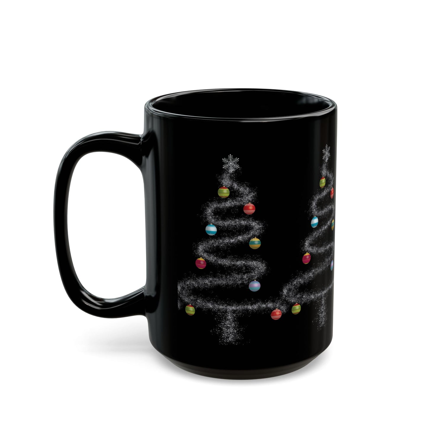 Cosmic Christmas: Where Stardust Dreams Become Holiday Magic - Christmas Tree Black Mug - Festive Coffee Cup (11oz, 15oz)