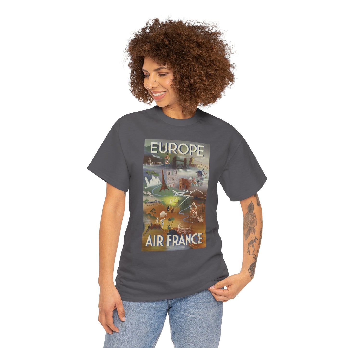 Vintage Air France 1948: Retro Travel Poster Celebrating Europe’s Beauty, Adventure, and Timeless Wanderlust - Unisex Heavy Cotton Tee