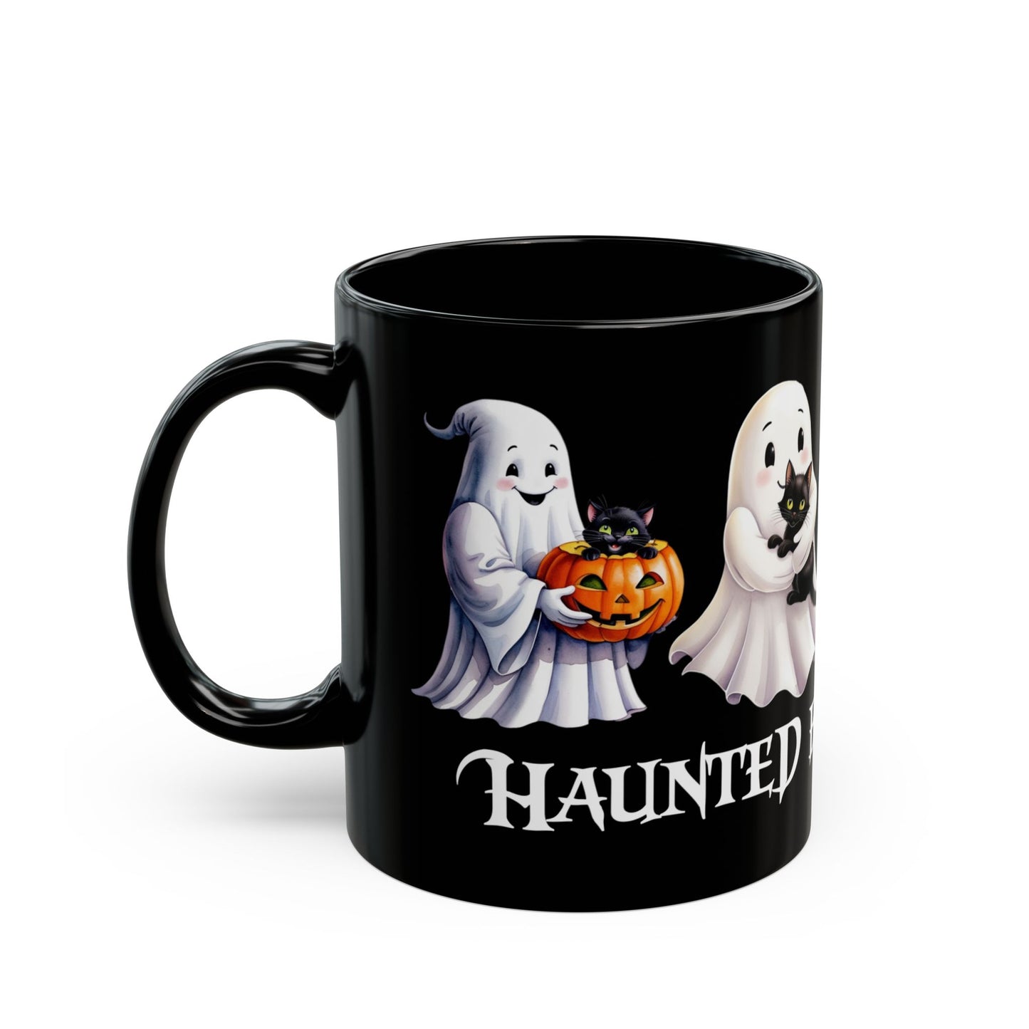 👻 Haunted by Happiness: Ghosts of Joy and Candy - Spooky Spirit Mug - Haunted by Happiness, Halloween Coffee Cup, Ghost Cat Drinkware, Trick or Treat Gift, Cute Fall Mug