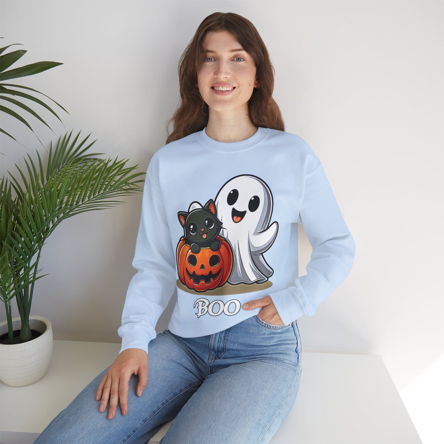 Spooky Smiles & Cozy Vibes – Halloween Boo Pumpkin Ghost Cat Edition - Cute Halloween Crewneck Sweatshirt with Ghost and Cat Design, Cozy Fall Apparel, Perfect for Spooky Season, Unisex Halloween Sweater, [...]