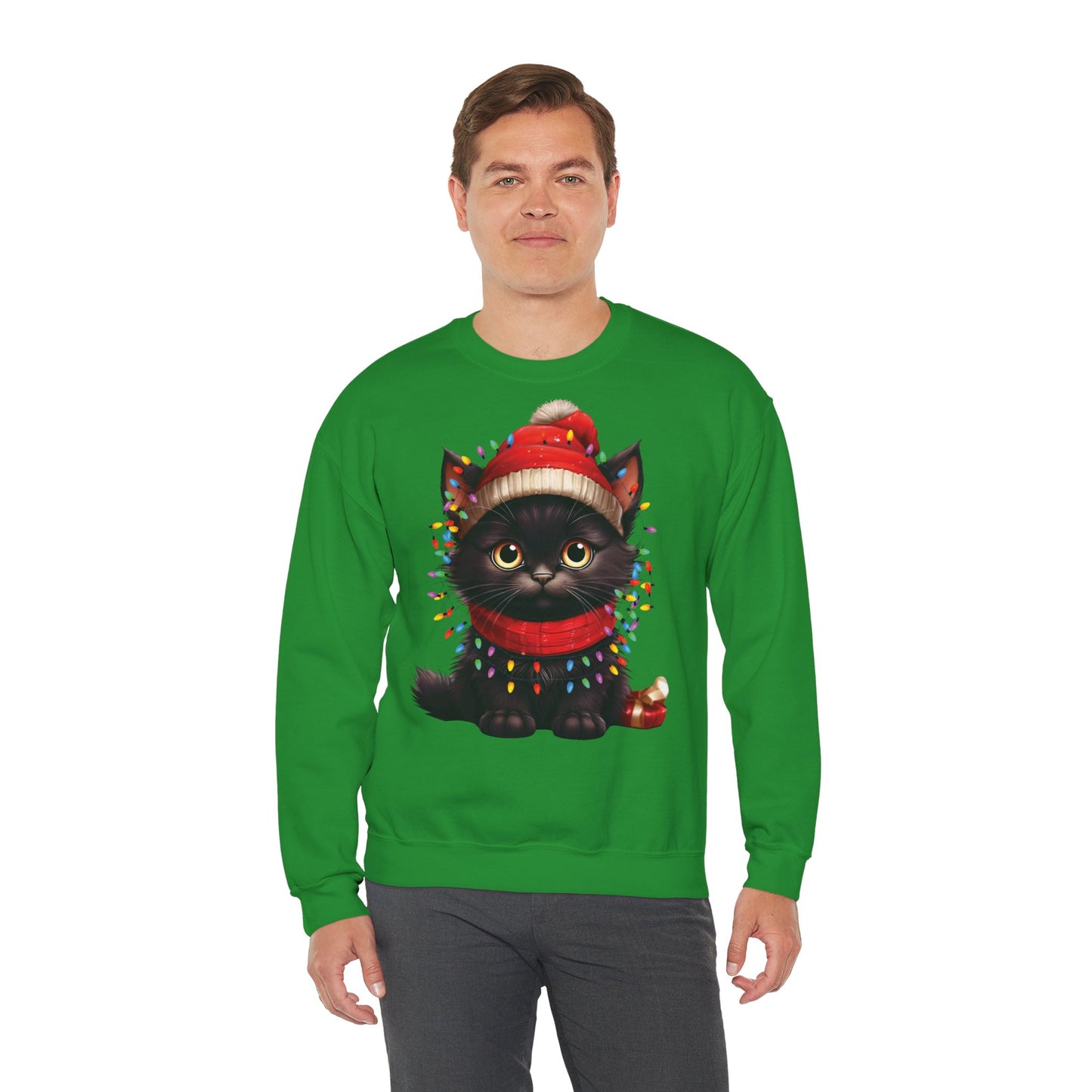 Holiday Heart: Kitten Wrapped in Christmas Lights - Festive Cat Crewneck Sweatshirt - Cozy Holiday Apparel, Warm Gift, Cute Winter Style, Pet Lover Sweatshirt, Christmas Sweater Alternative